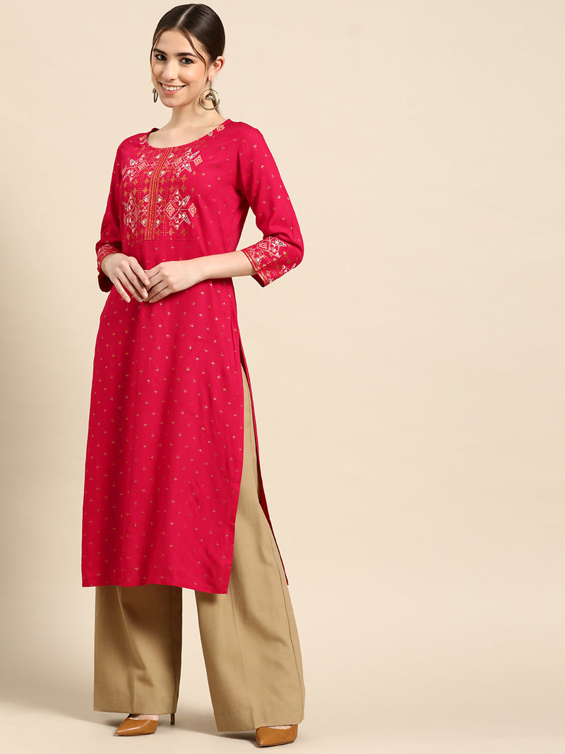 Pink Printed Viscose Rayon Kurta