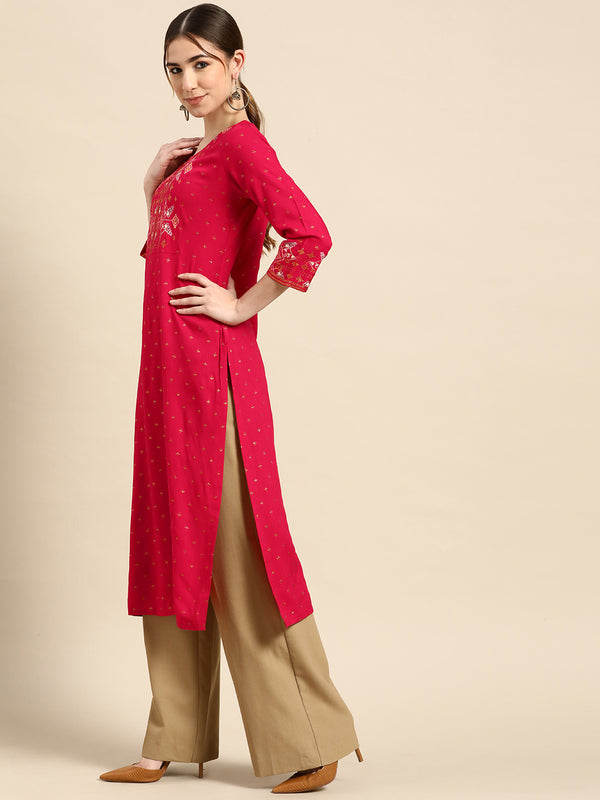 Pink Printed Viscose Rayon Kurta