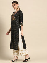 Black Printed Viscose Rayon Kurta
