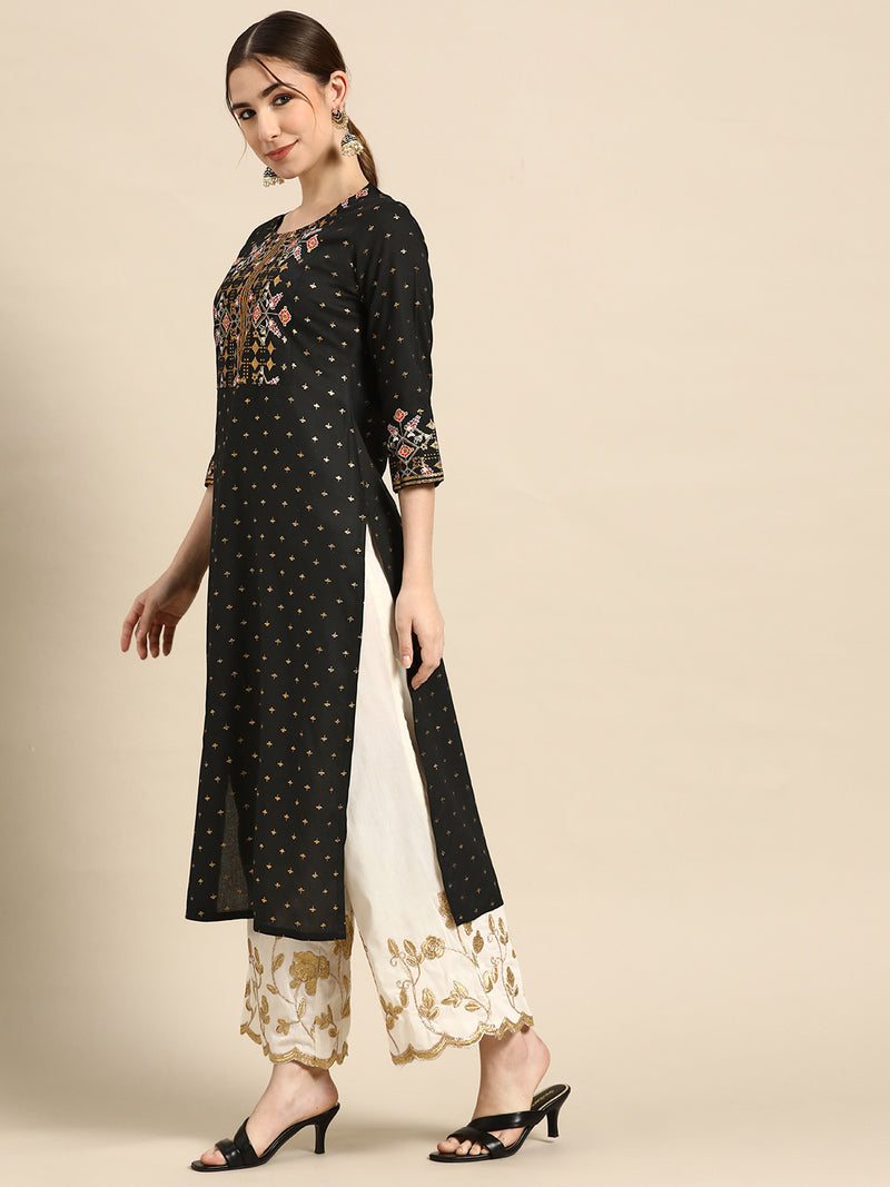 Black Printed Viscose Rayon Kurta