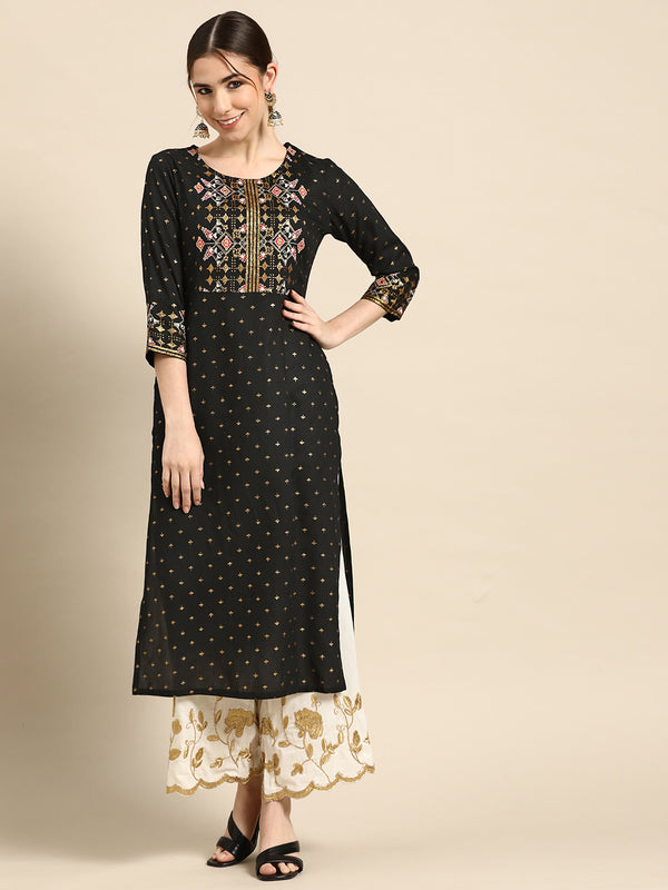 Black Printed Viscose Rayon Kurta