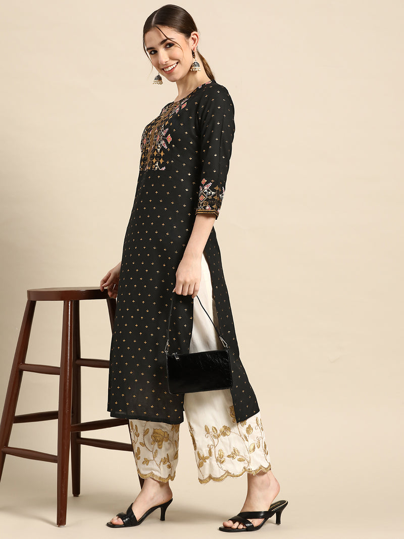 Black Printed Viscose Rayon Kurta