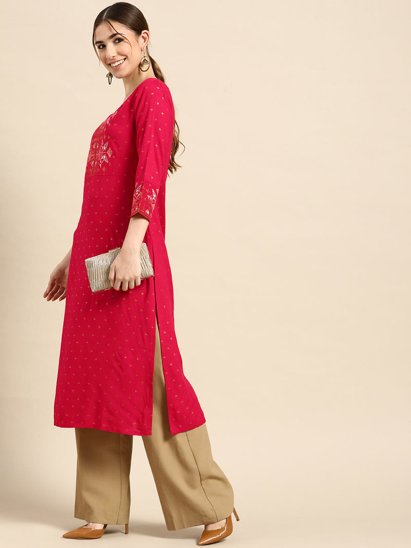 Pink Printed Viscose Rayon Kurta