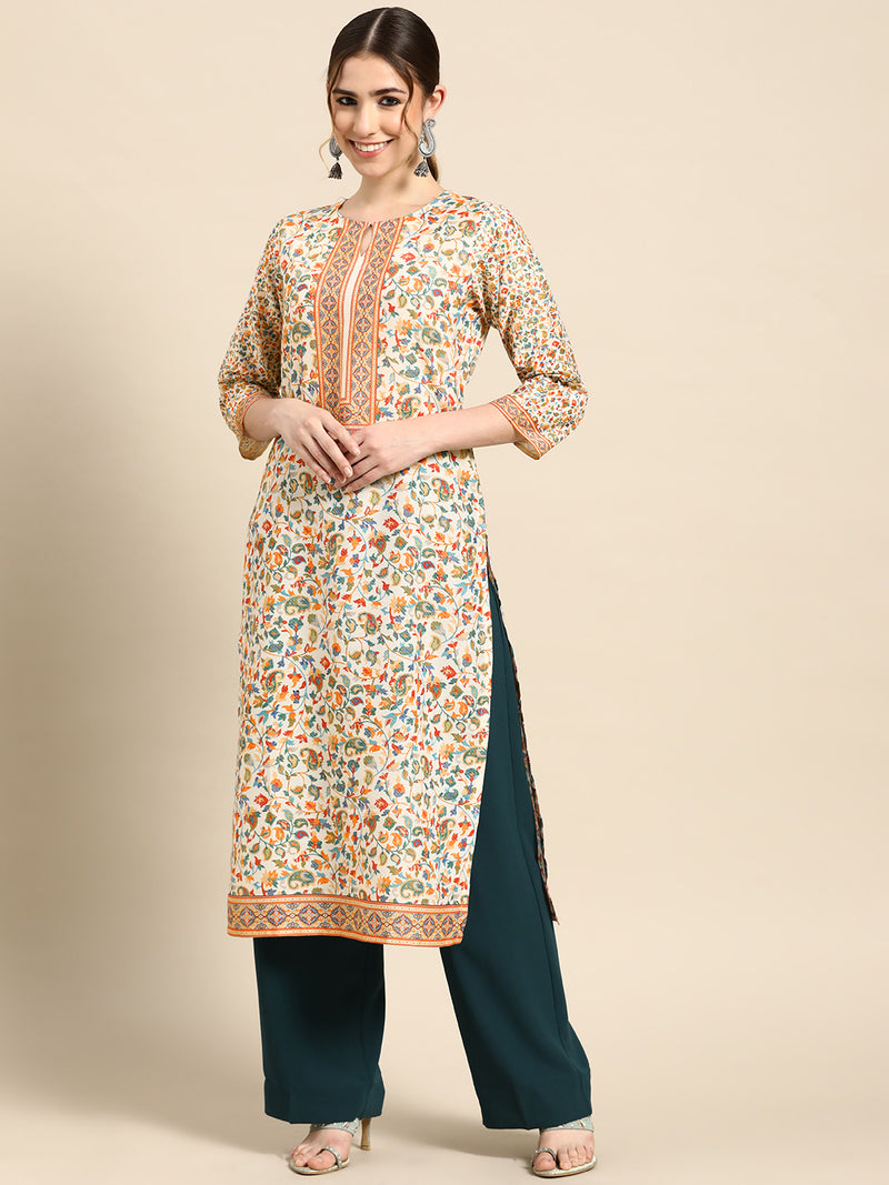 Cream Printed Viscose Rayon Kurta