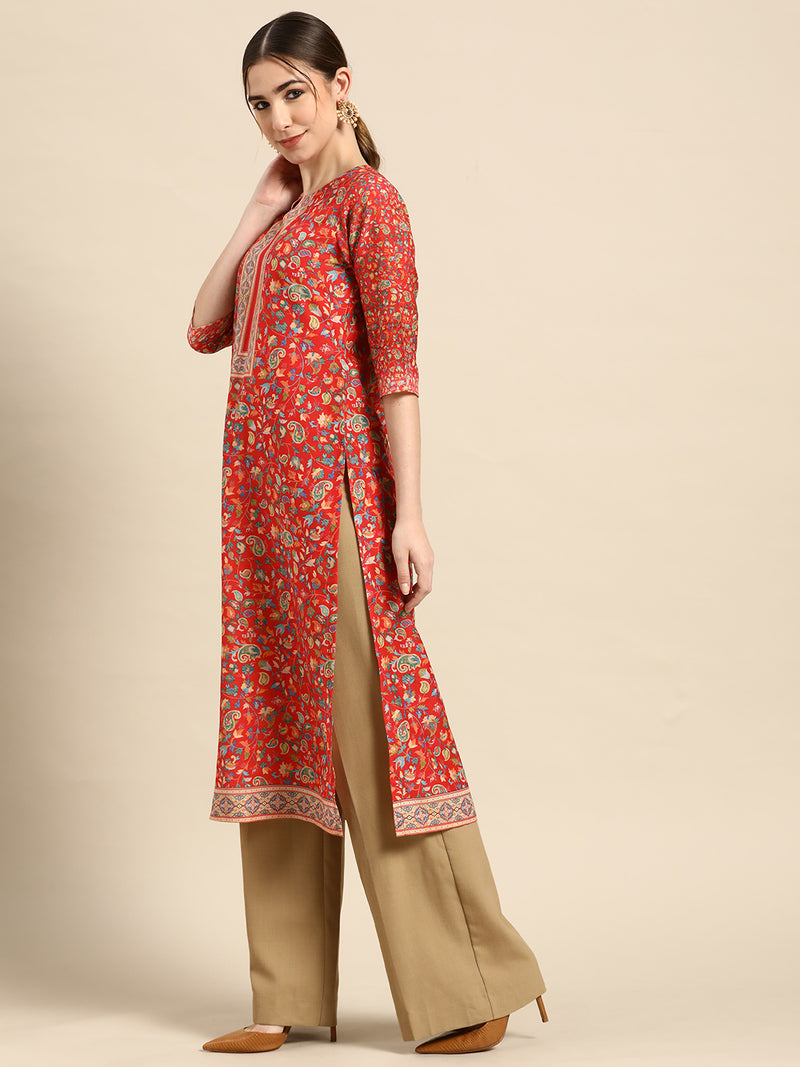 Red Printed Viscose Rayon Kurta