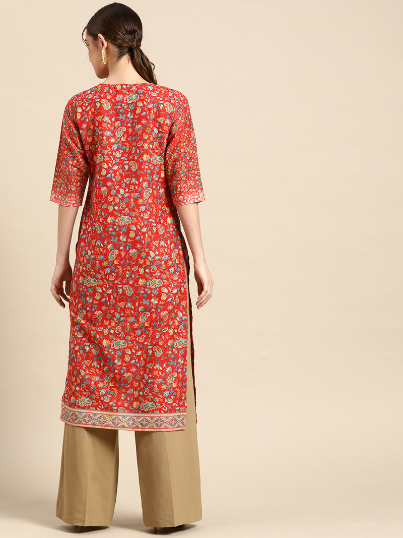 Red Printed Viscose Rayon Kurta