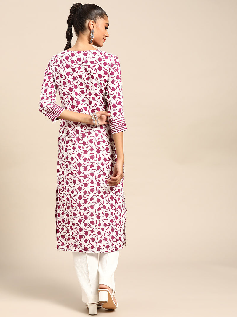 White Printed Cotton Kurta