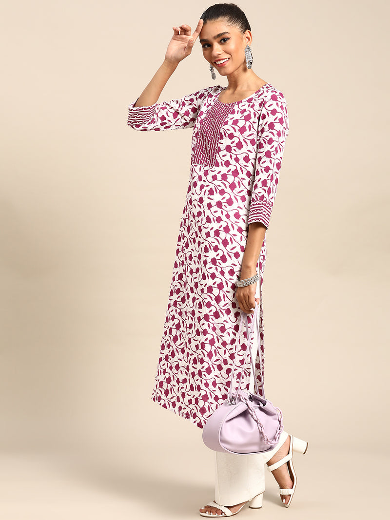 White Printed Cotton Kurta