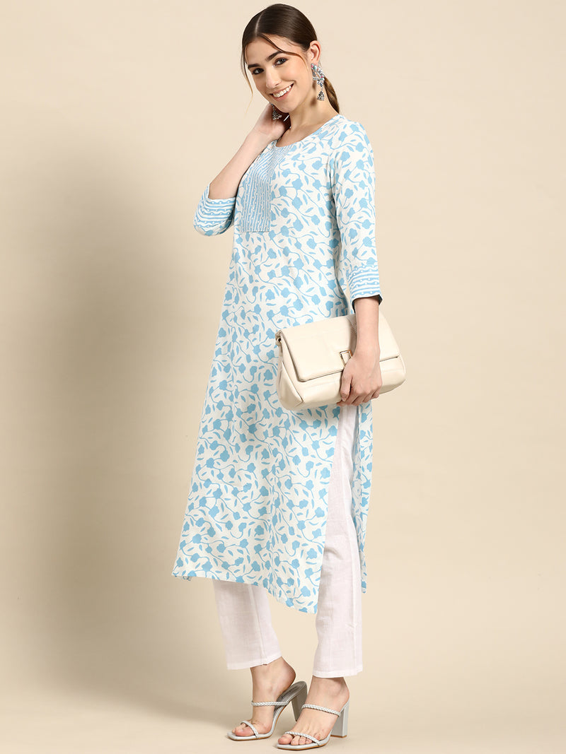 White Printed Cotton Kurta