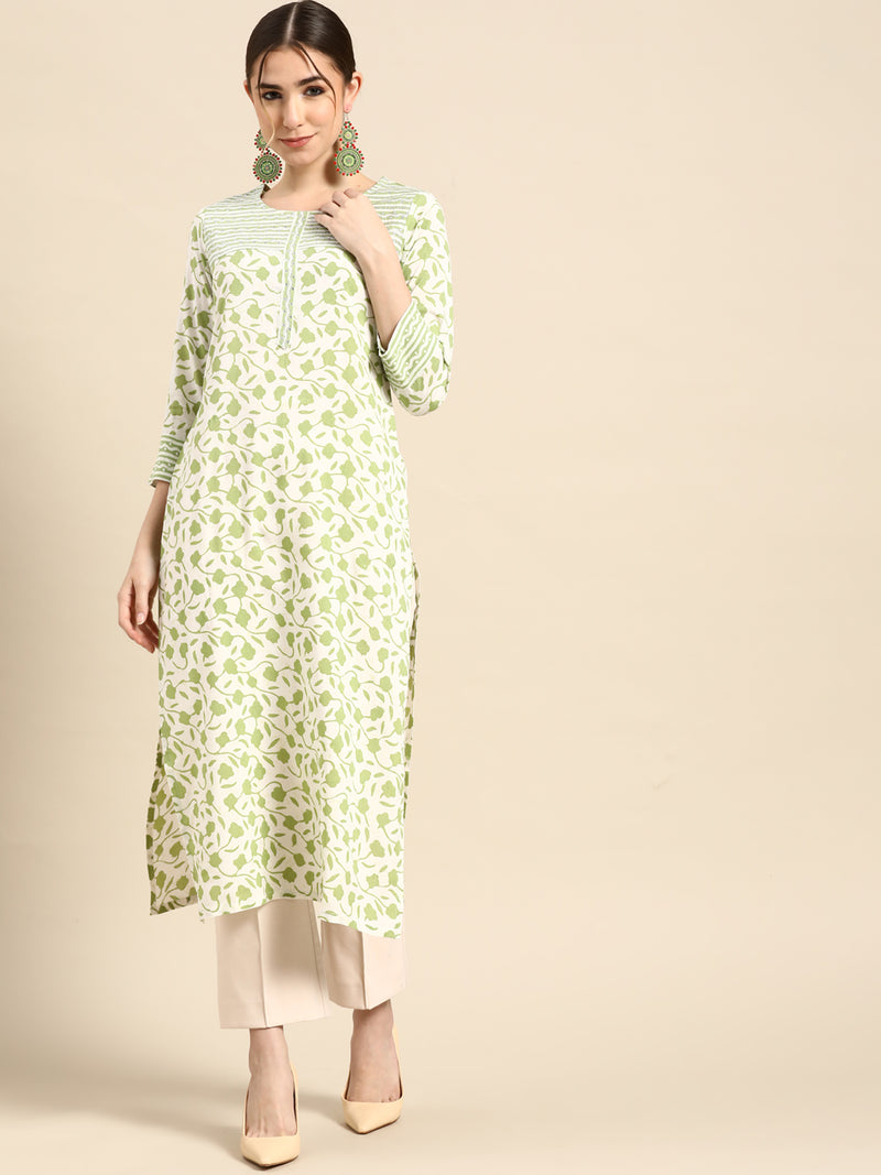 White Printed Cotton Kurta