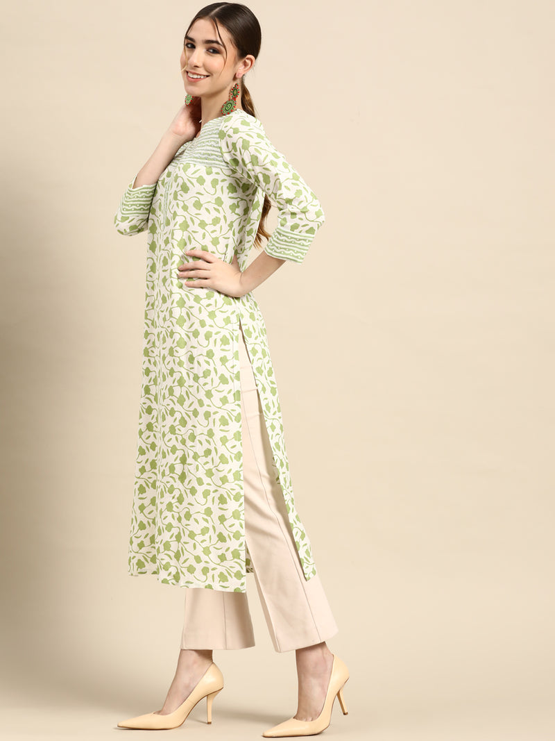 White Printed Cotton Kurta