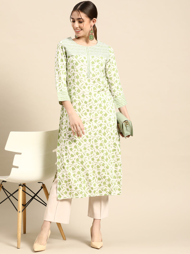 White Printed Cotton Kurta