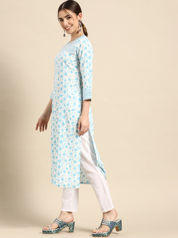 White Printed Cotton Kurta
