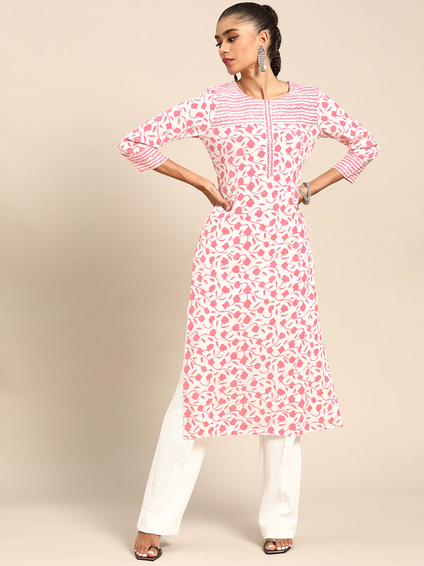 White Printed Cotton Kurta