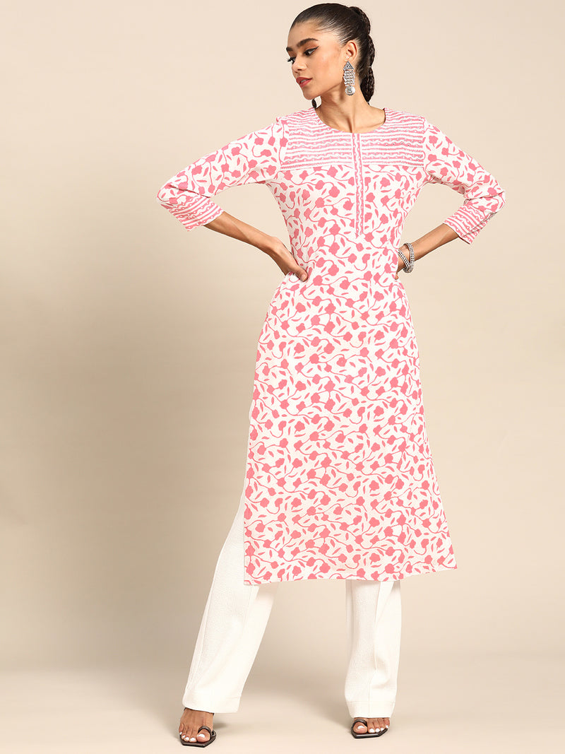 White Printed Cotton Kurta