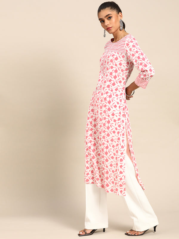 White Printed Cotton Kurta