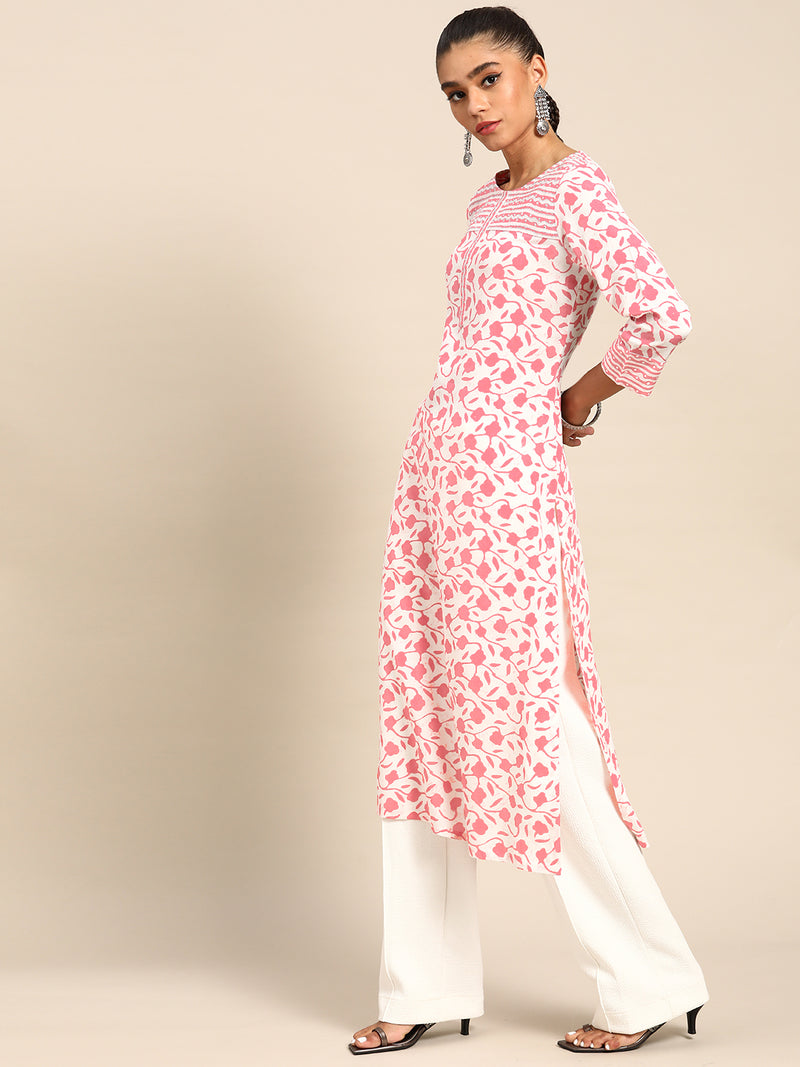 White Printed Cotton Kurta