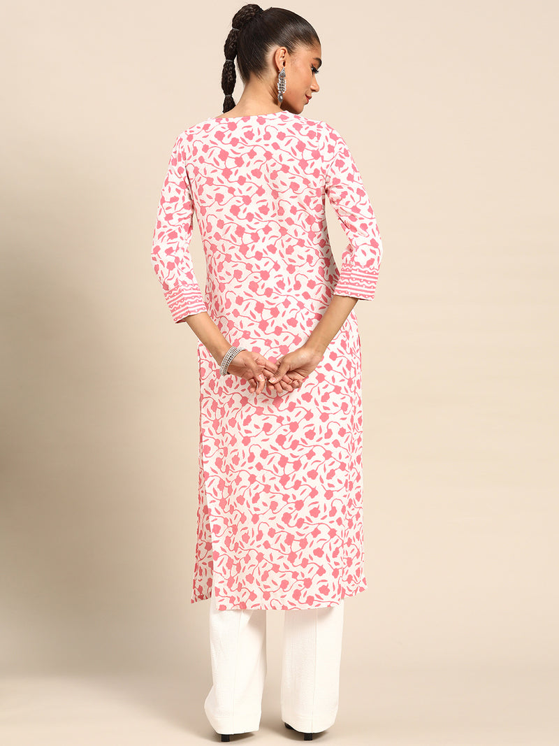 White Printed Cotton Kurta