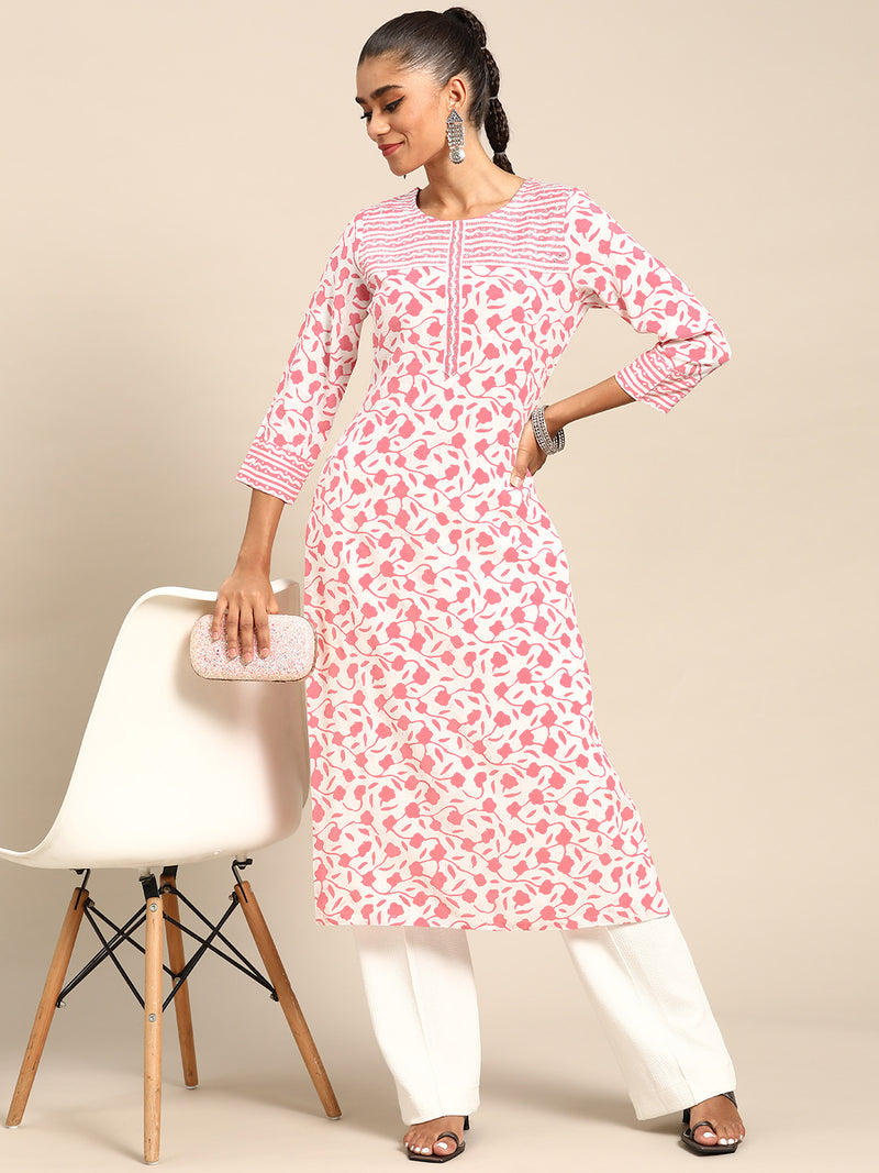 White Printed Cotton Kurta