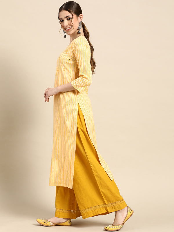 Yellow Printed Cotton Kurta