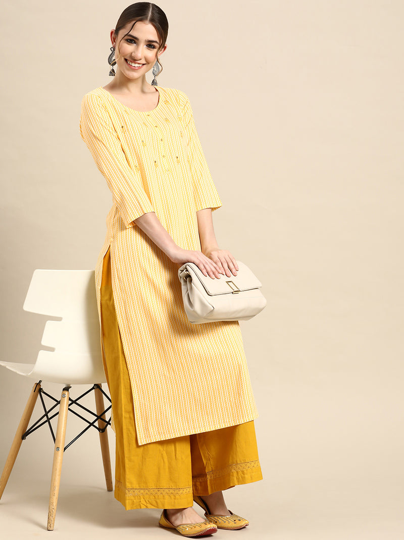 Yellow Printed Cotton Kurta