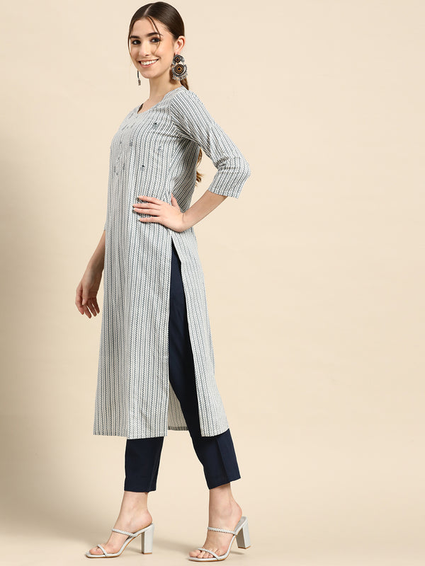Grey Printed Cotton Kurta