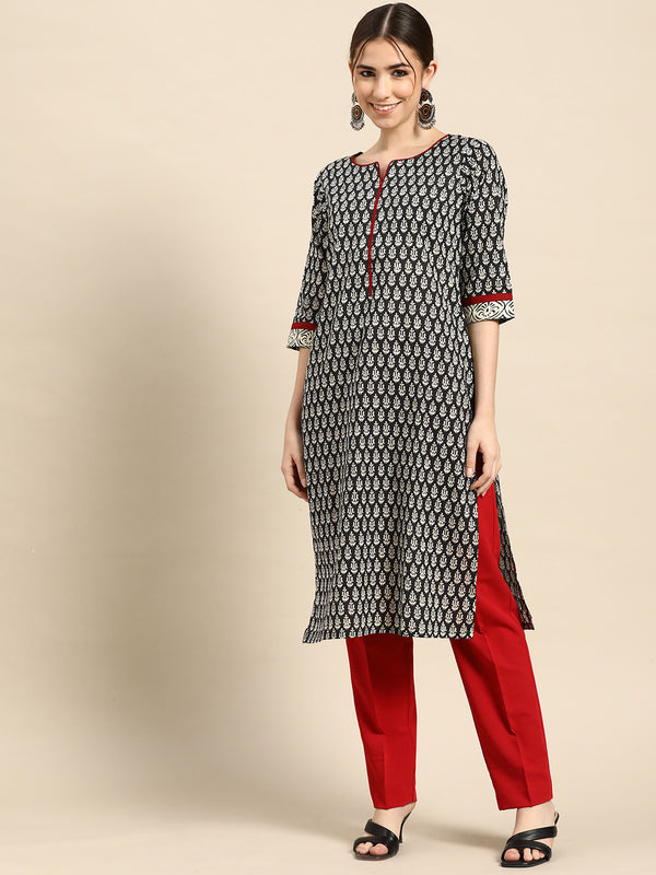 Black Printed Cotton Kurta