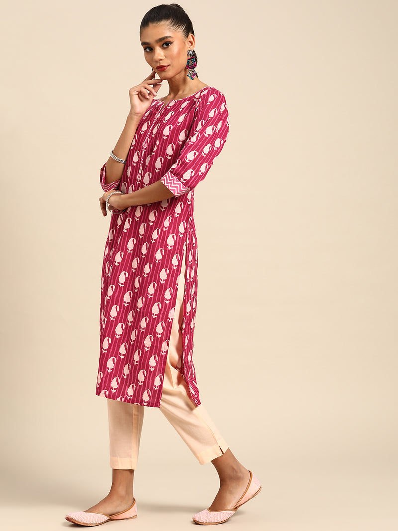 Pink Printed Cotton Kurta
