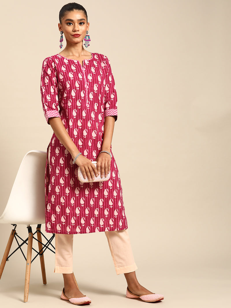 Pink Printed Cotton Kurta