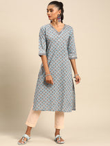 Blue Printed Cotton Kurta