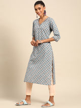 Blue Printed Cotton Kurta