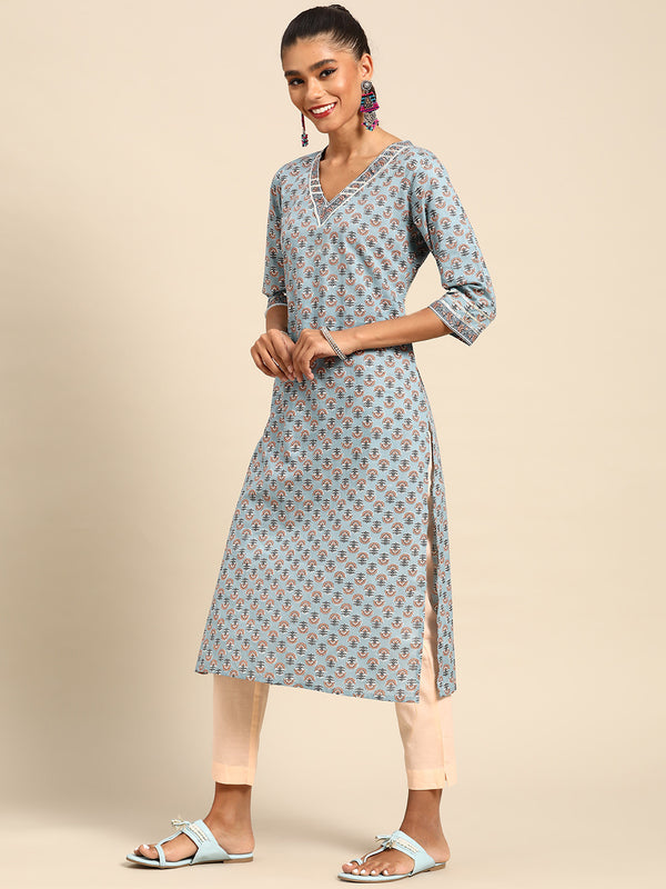 Blue Printed Cotton Kurta
