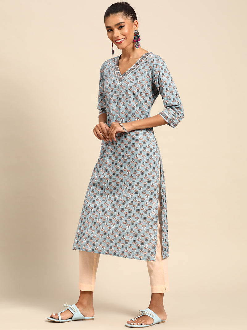 Blue Printed Cotton Kurta