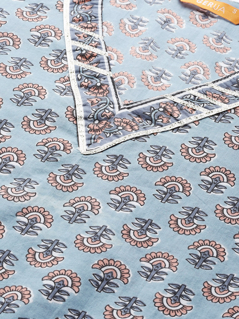 Blue Printed Cotton Kurta