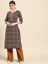 Navy Blue Printed Cotton Kurta