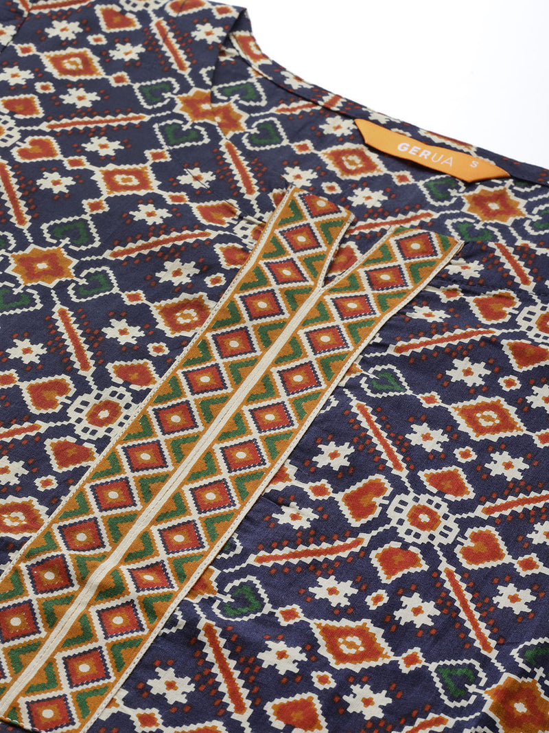 Navy Blue Printed Cotton Kurta