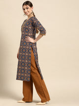 Navy Blue Printed Cotton Kurta
