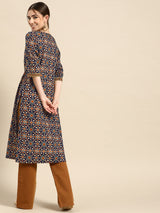 Navy Blue Printed Cotton Kurta