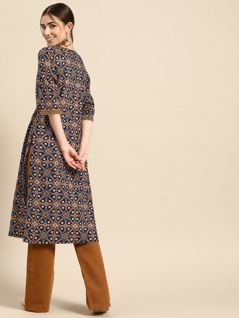 Navy Blue Printed Cotton Kurta