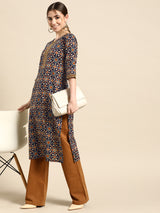 Navy Blue Printed Cotton Kurta