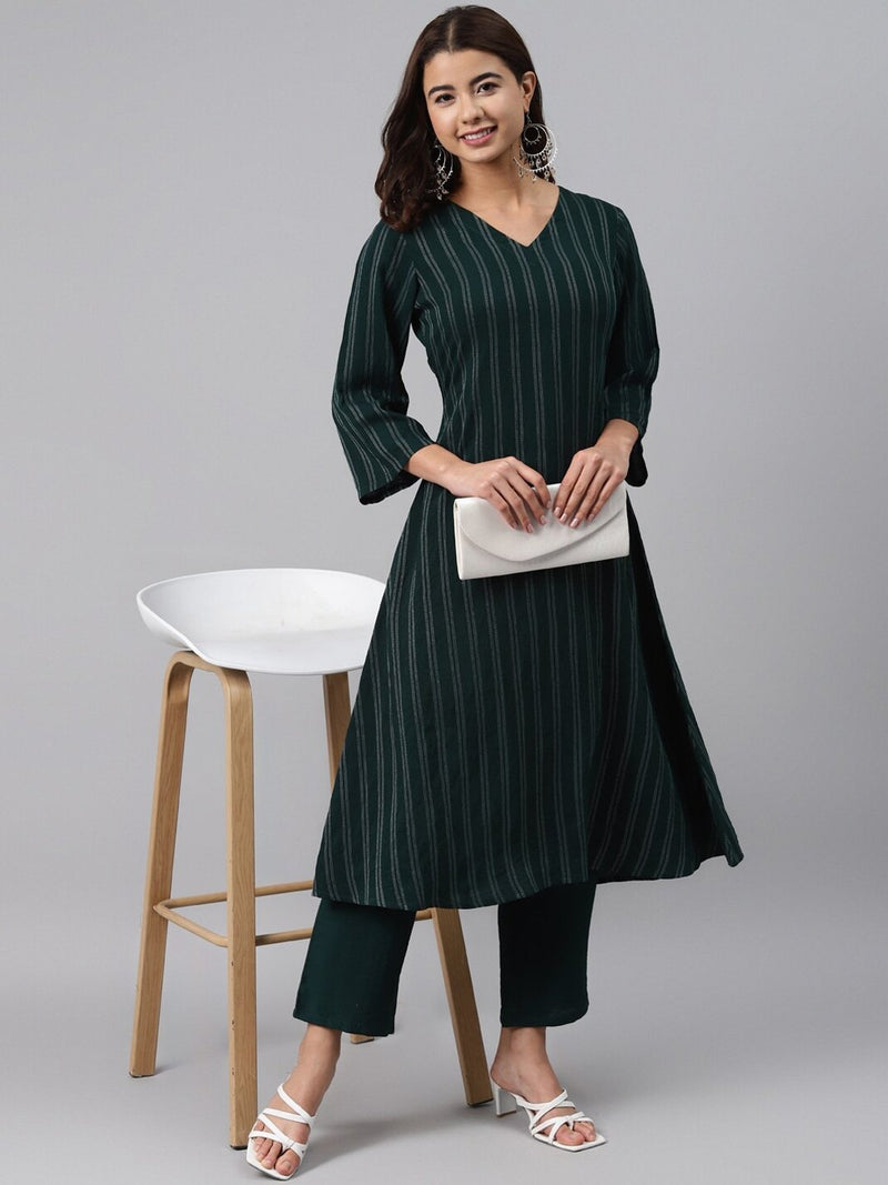Green Striped Cotton Blend Kurta Set