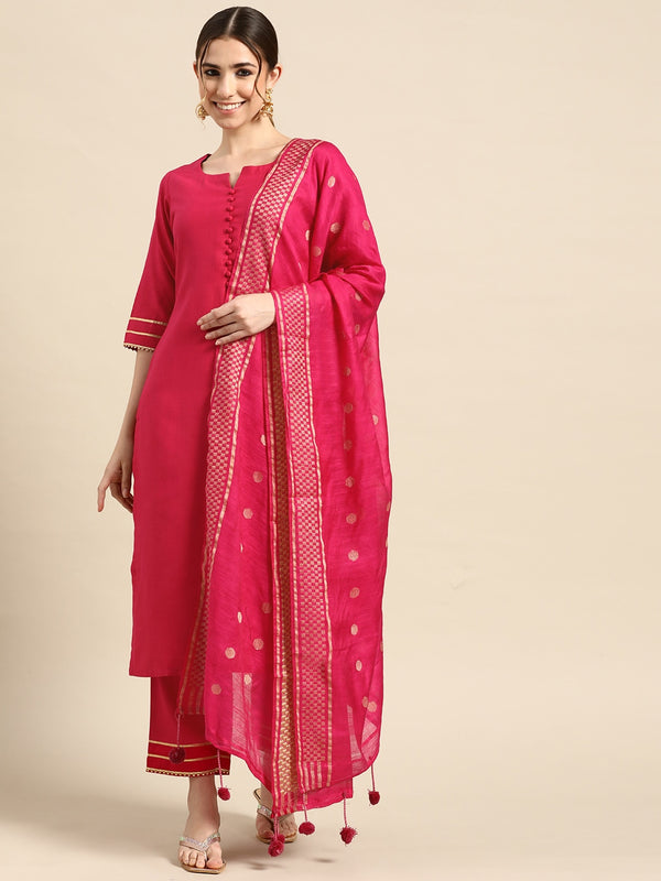 Pink Solid Cotton Blend Suit Set