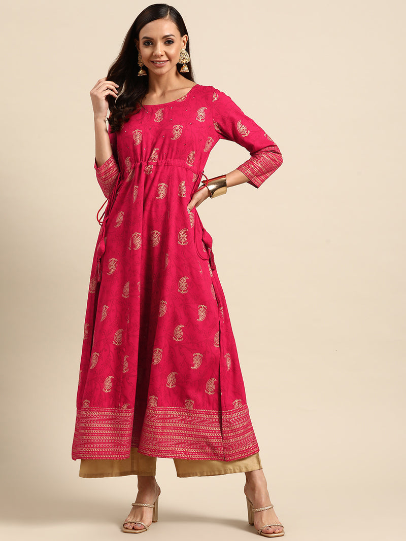 Pink Printed Rayon Kurta