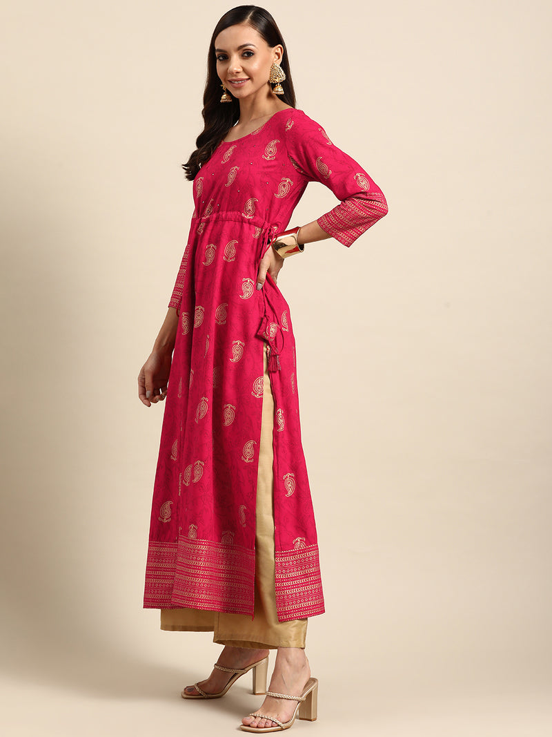 Pink Printed Rayon Kurta