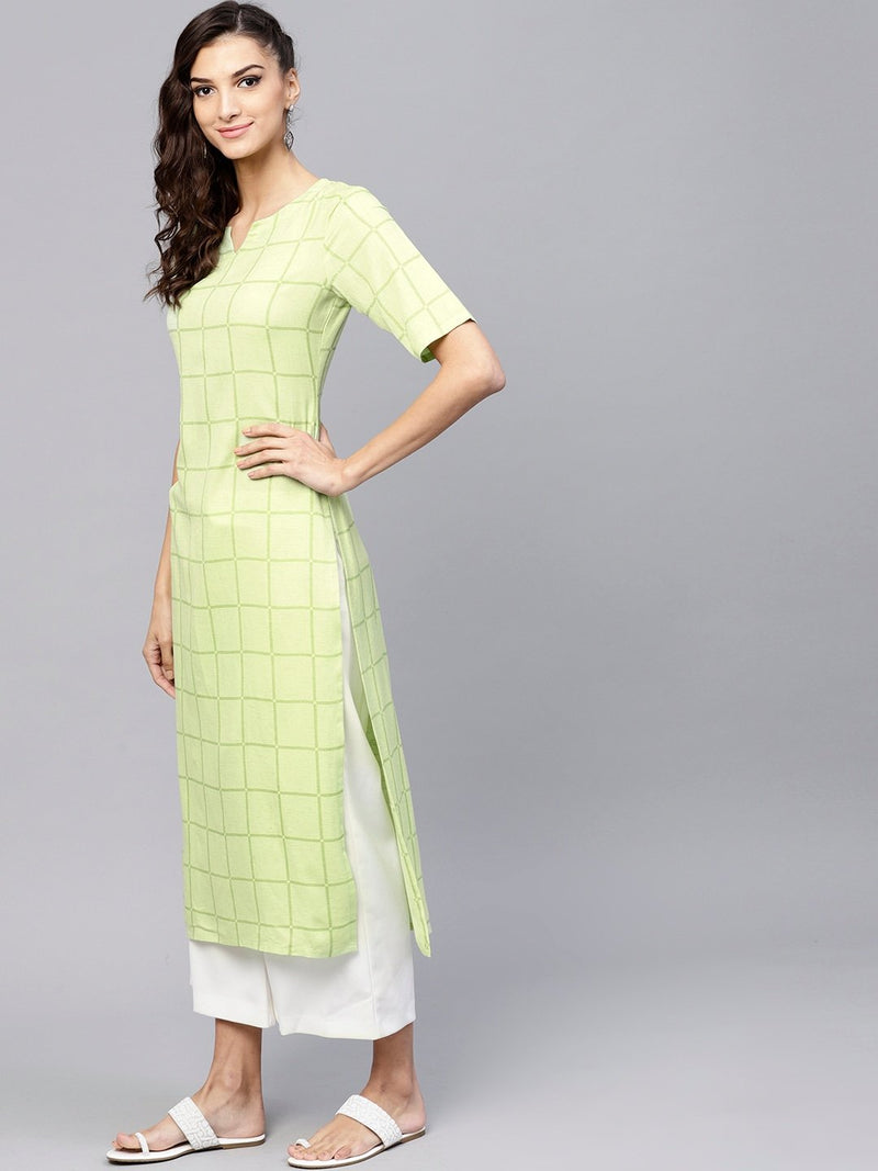 Green Checkered Rayon Kurta