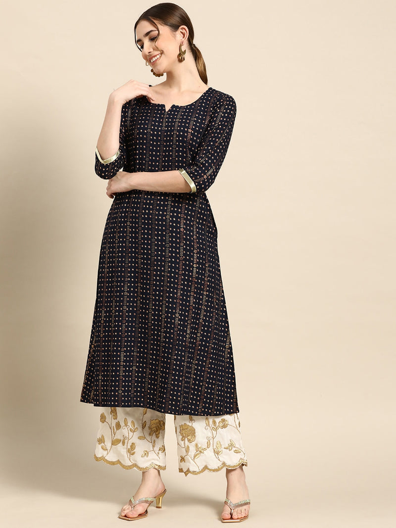 Navy Blue Printed Viscose Rayon Kurta