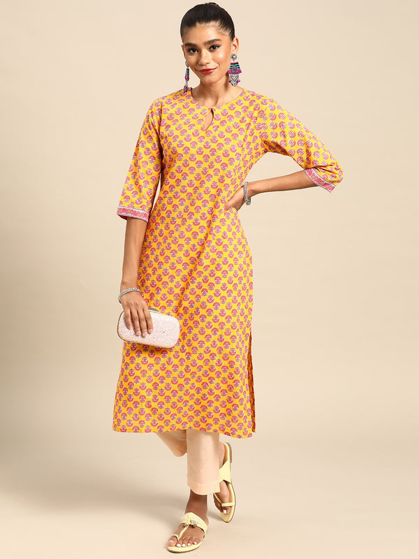 Yellow Printed Cotton Kurta