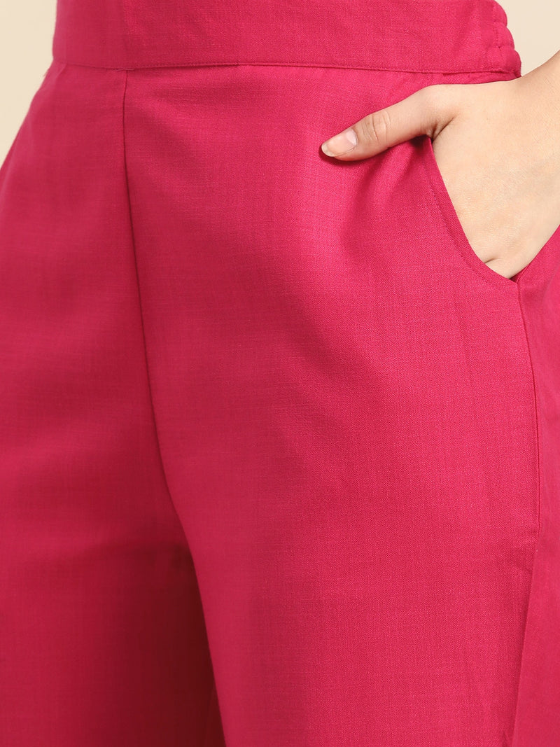 Pink Solid Cotton Blend Suit Set