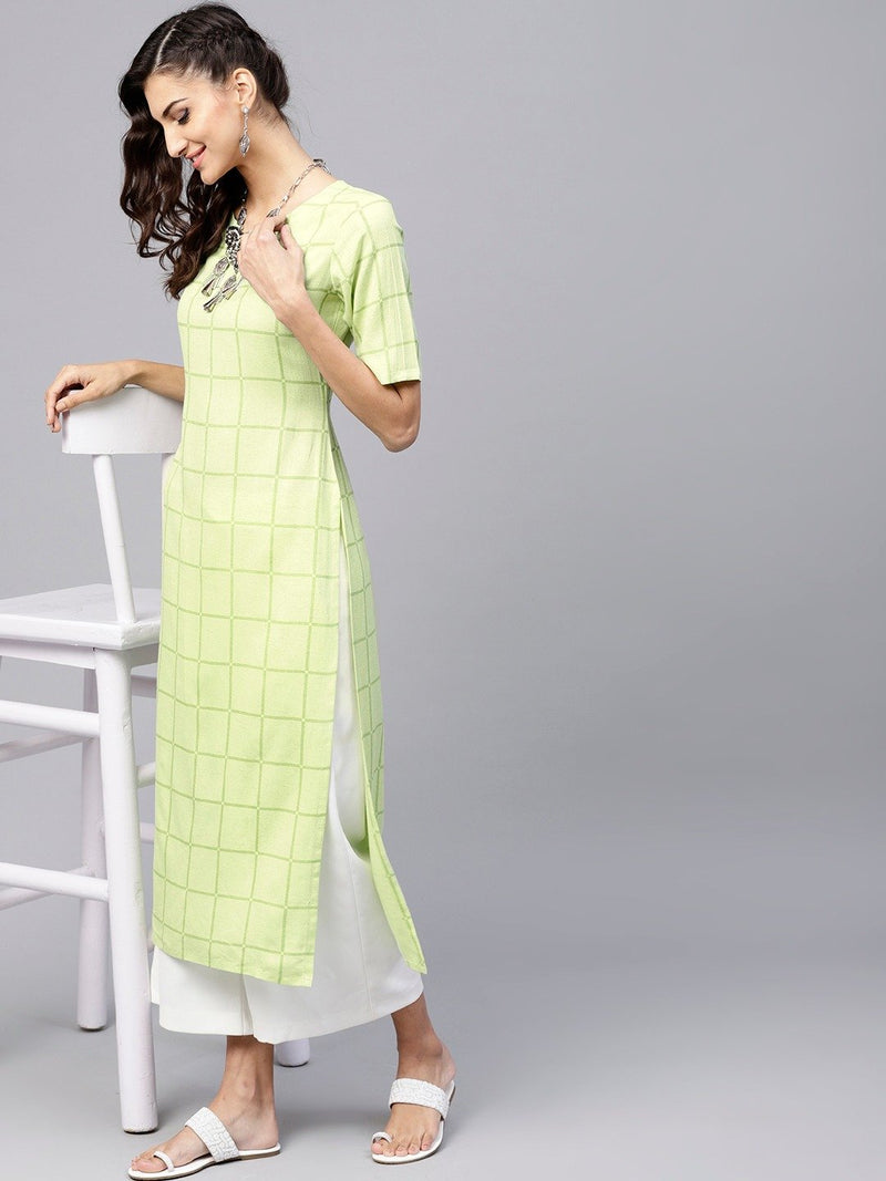 Green Checkered Rayon Kurta