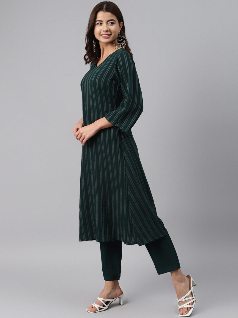Green Striped Cotton Blend Kurta Set